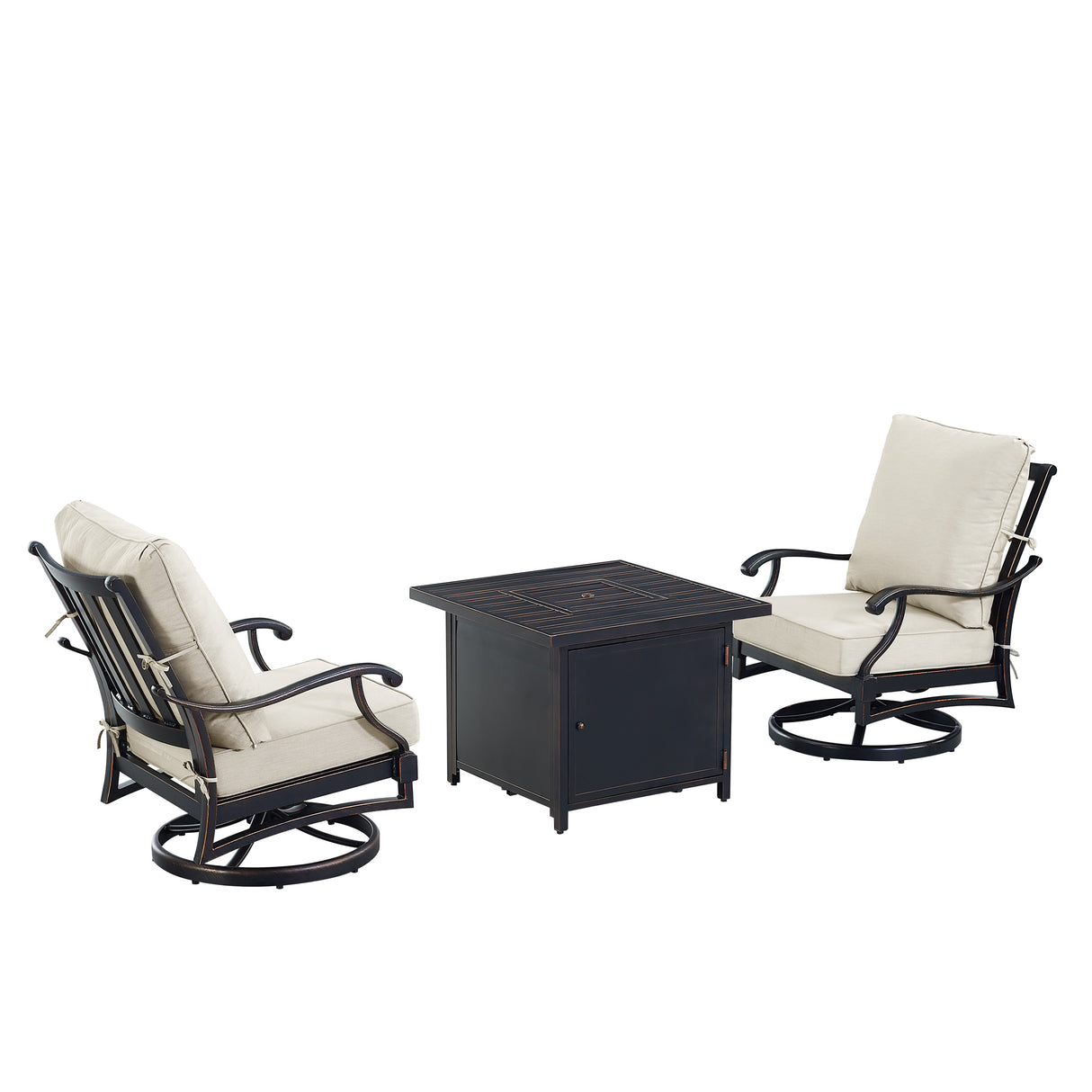 Black Aluminum Fire Table Bistro Set with Two Club Chairs - Sharicks