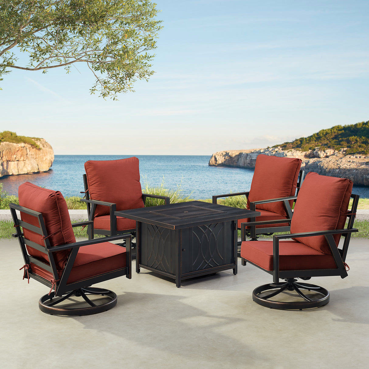 Black Aluminum Fire Table Set with Four Club Chairs - Sharicks