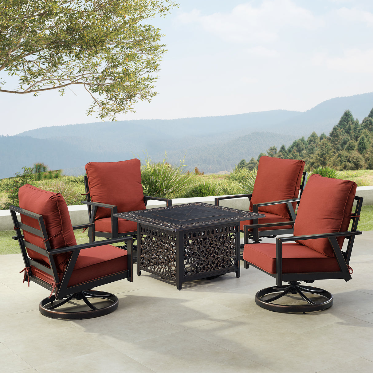 Black Aluminum Fire Table Set with Four Club Chairs - Sharicks