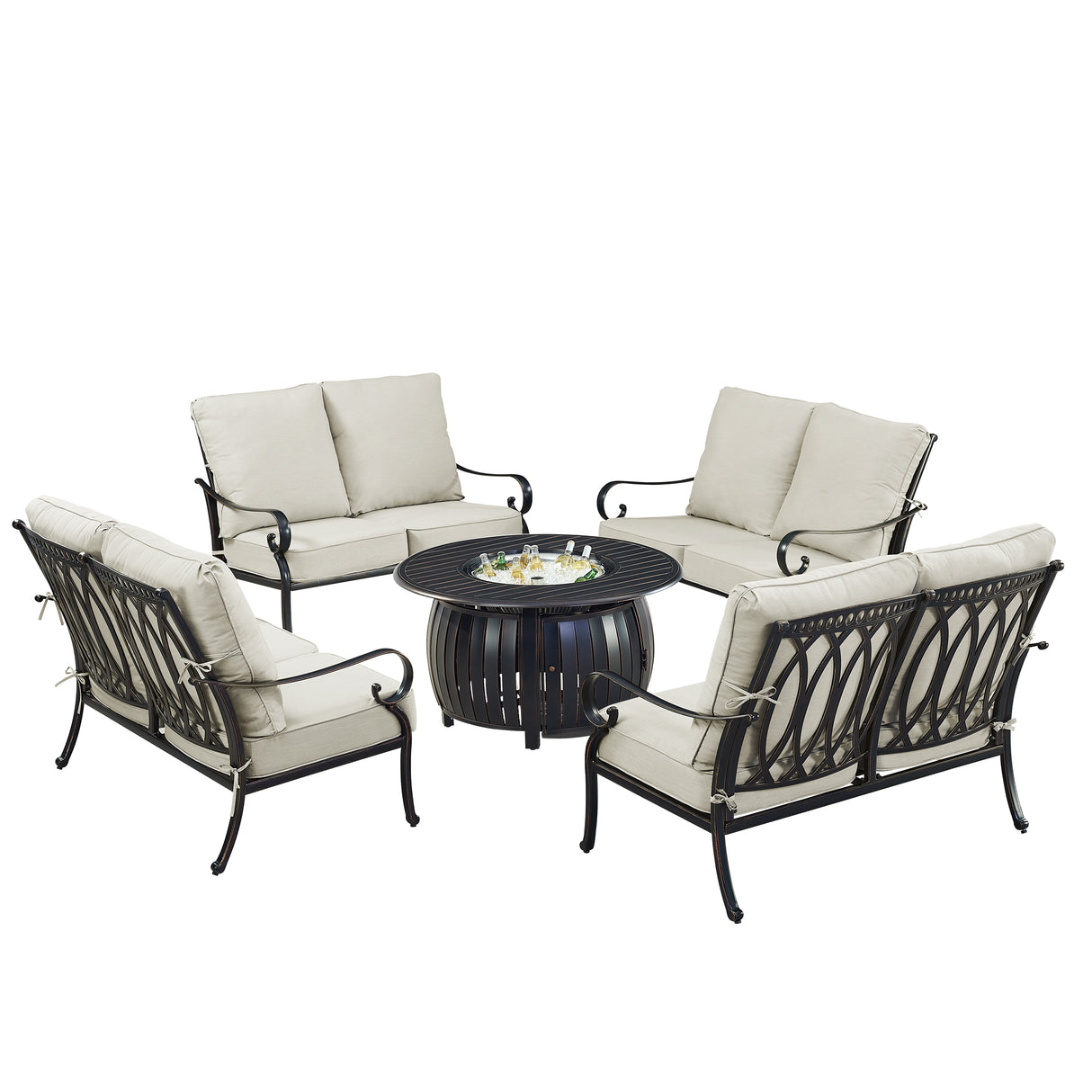 Black Aluminum Fire Table Set with Four Deep Seating Loveseats - Sharicks