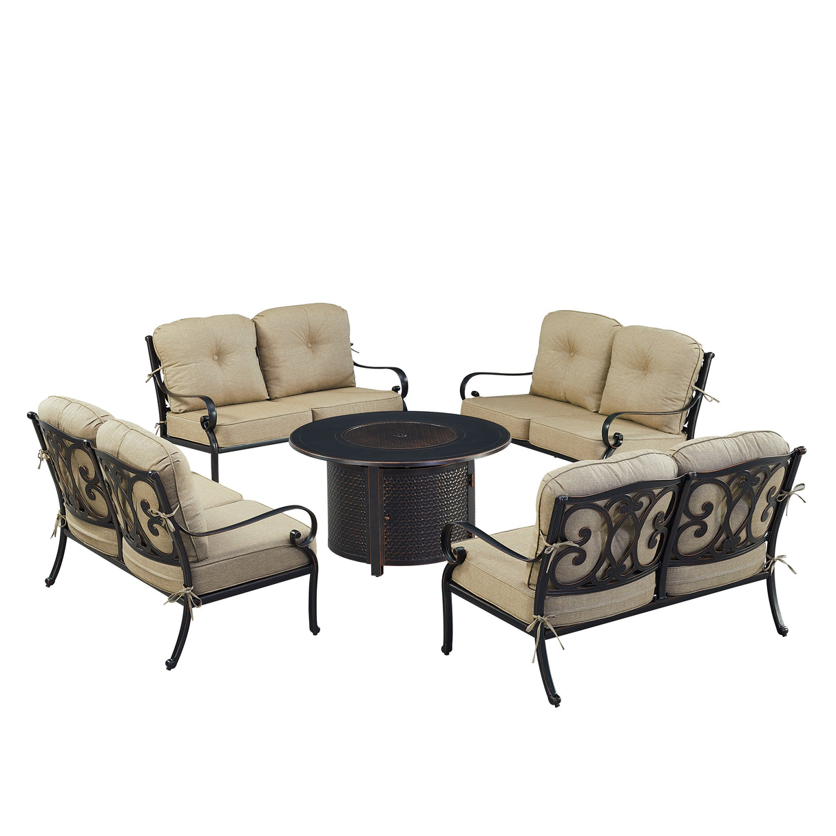 Black Aluminum Fire Table Set with Four Deep Seating Loveseat with Cushions - Sharicks
