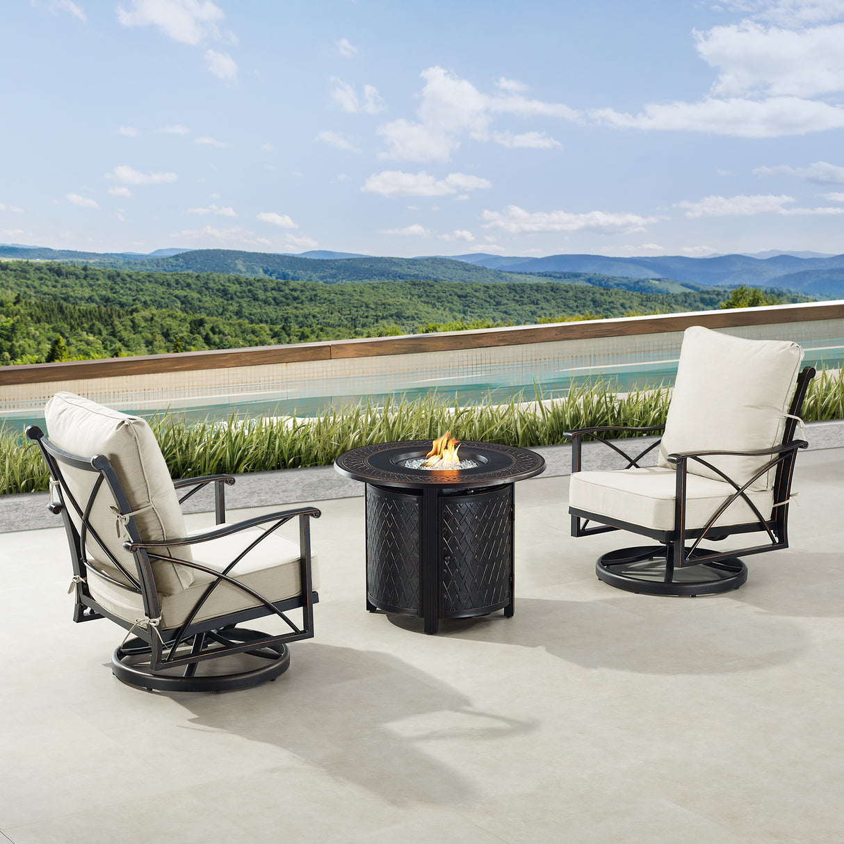 Black Aluminum Fire Table Bistro Set with Two Club Chairs - Sharicks