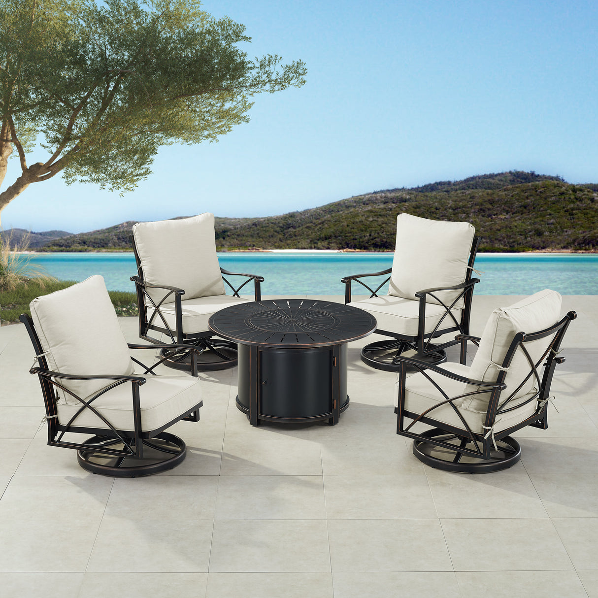 Black Aluminum Fire Table Set with Four Club Chairs - Sharicks