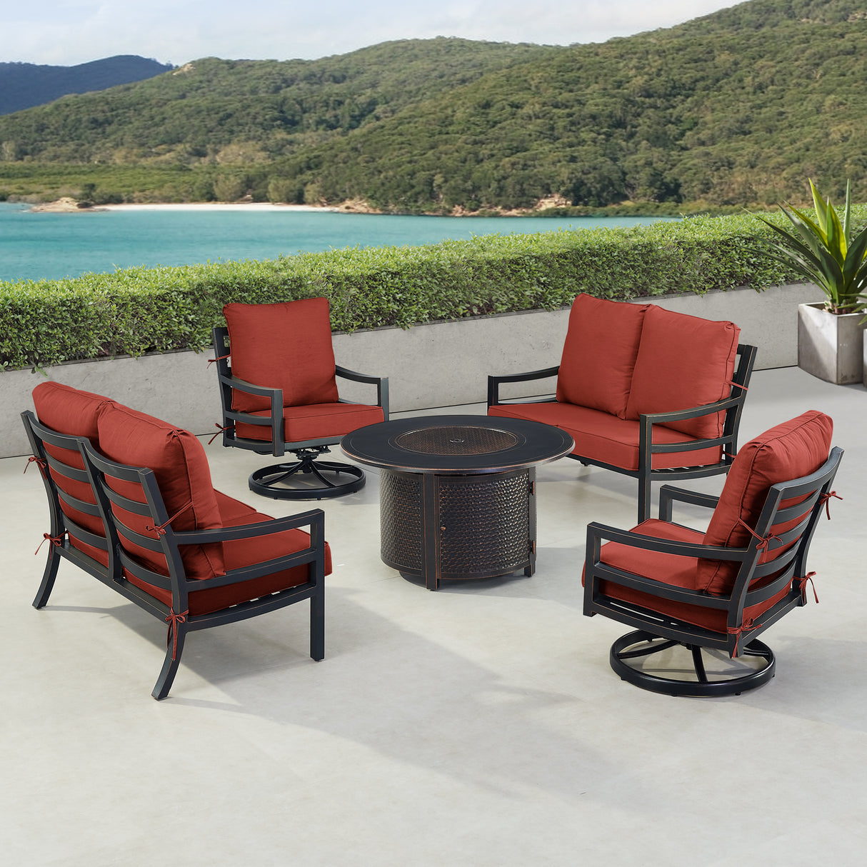 Black Aluminum Fire Table Set with Two Loveseats and Two Club Chairs - Sharicks