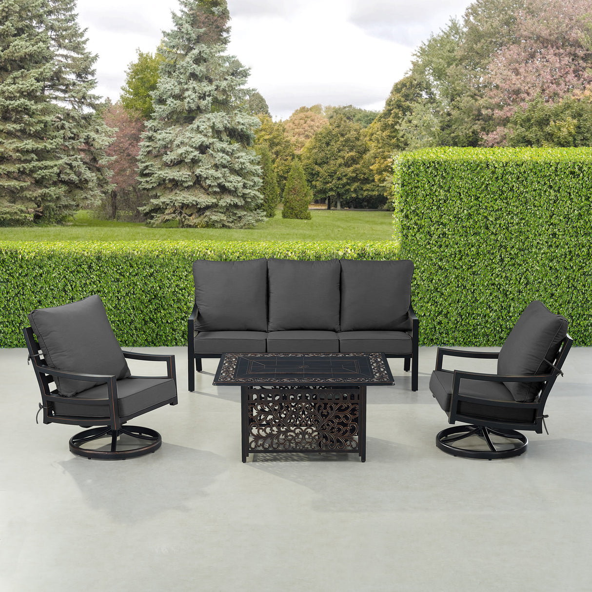 Black Aluminum Fire Table Set with Sofa and Two Club Chairs - Sharicks