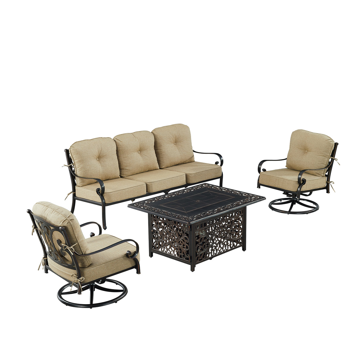 Black Aluminum Fire Table Set with Deep Seating Sofa with Cushion and Two Club Chairs - Sharicks