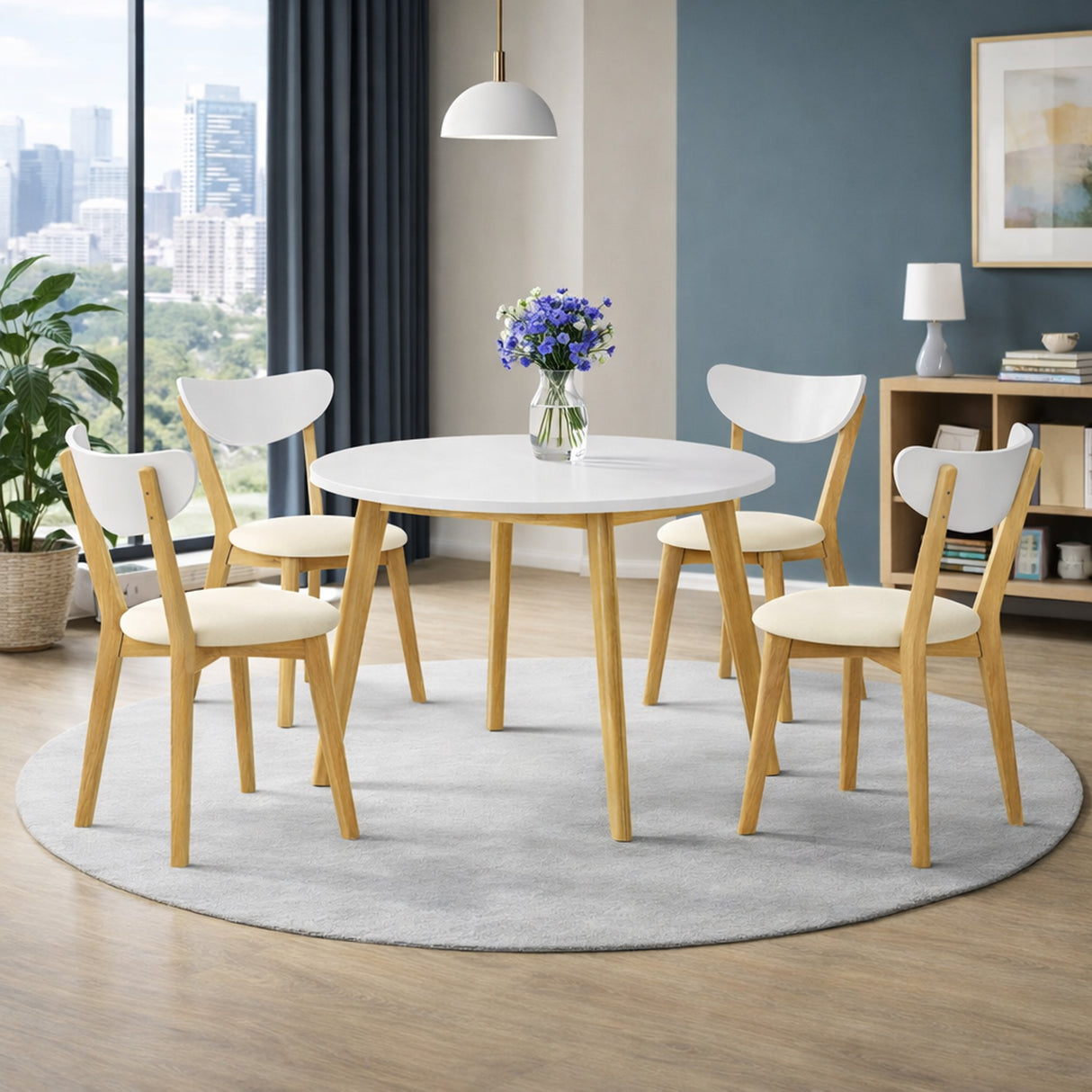 Modern 5-Piece 40.5 Inch Round Dining Set, White/Natural Finish with Beige Polyester Upholstered Chairs, Solid Rubberwood