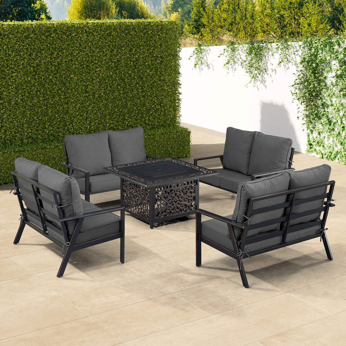 Black Aluminum Fire Table Set with Four Deep Seating Loveseat with Cushions - Sharicks