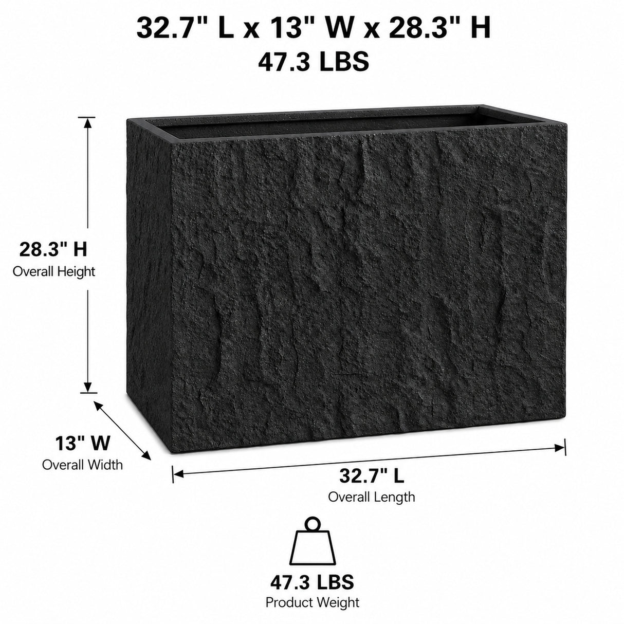 Rock Texture Rectangular Polystone Planter Box, Black