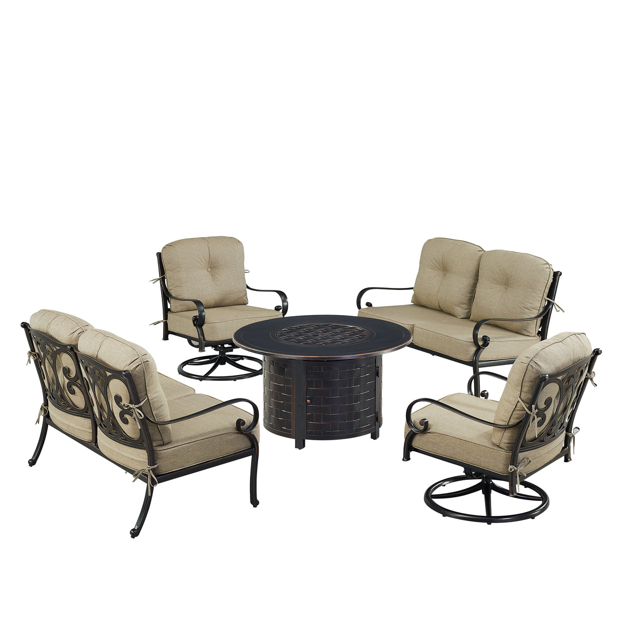 Black Aluminum Fire Table Set with Two Deep Seating Loveseat with Cushions and Two Club Chairs - Sharicks