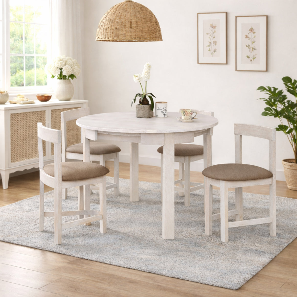 Modern 5-Piece 40.5 Inch Round Dining Set, White Wash Finish with Oat Polyester Upholstered Chairs, Solid Rubberwood