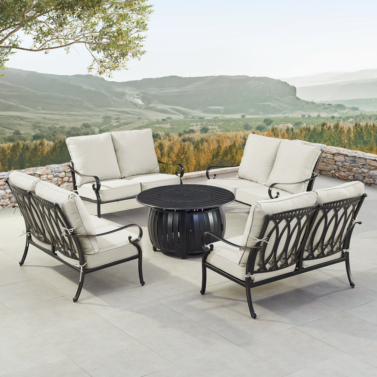 Black Aluminum Fire Table Set with Four Deep Seating Loveseats - Sharicks