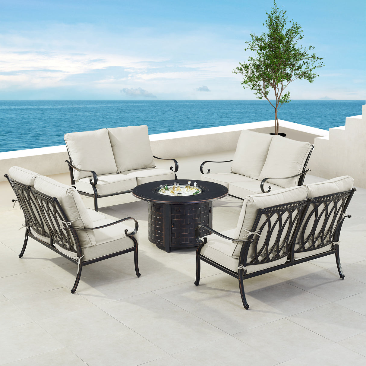 Black Aluminum Fire Table Set with Four Deep Seating Loveseats - Sharicks