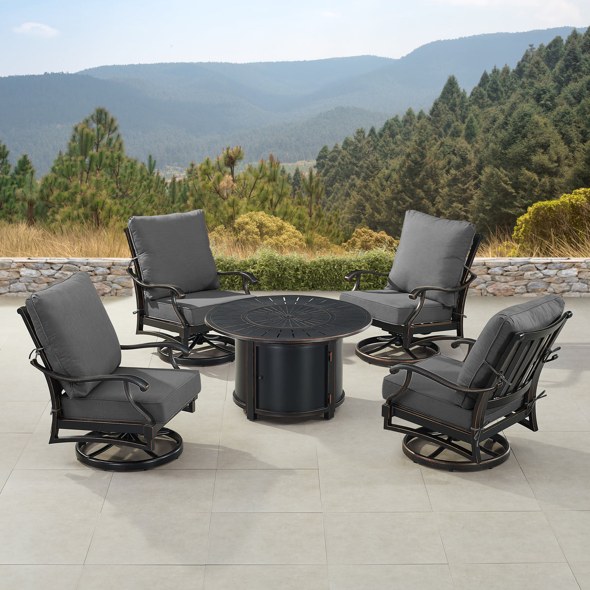 Black Aluminum Fire Table Set with Four Club Chairs - Sharicks