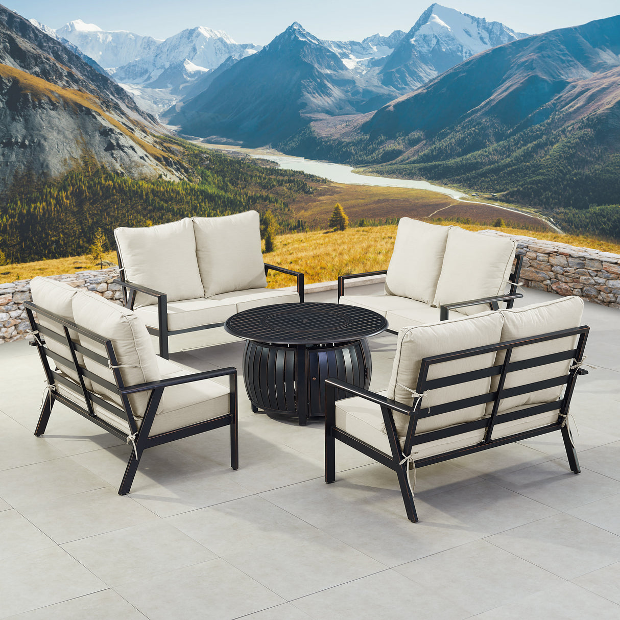 Black Aluminum Fire Table Set with Four Deep Seating Loveseat with Cushions - Sharicks