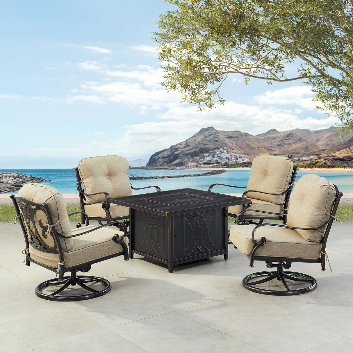 Black Aluminum Fire Table Set with Four Club Chairs - Sharicks