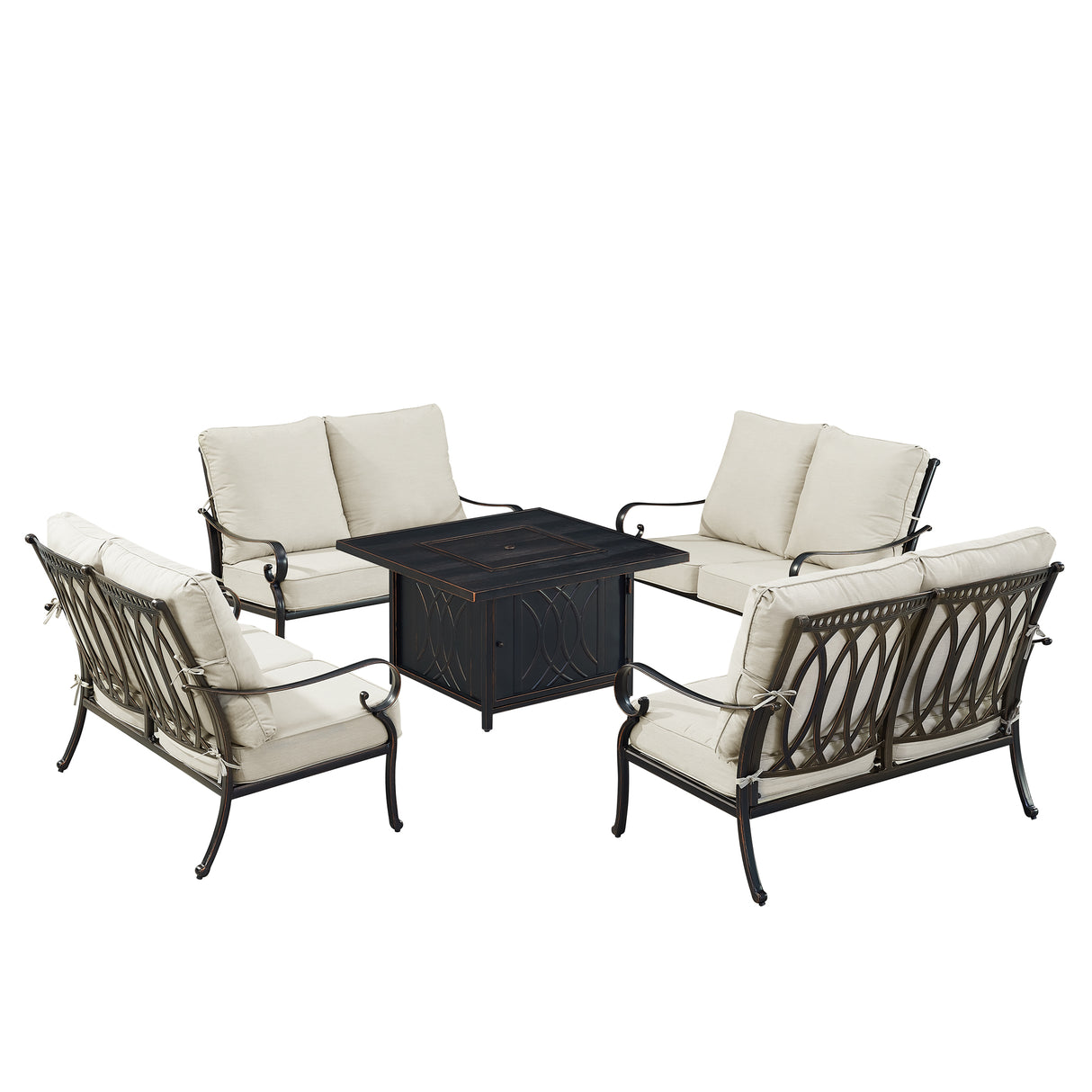 Black Aluminum Fire Table Set with Four Deep Seating Loveseats - Sharicks