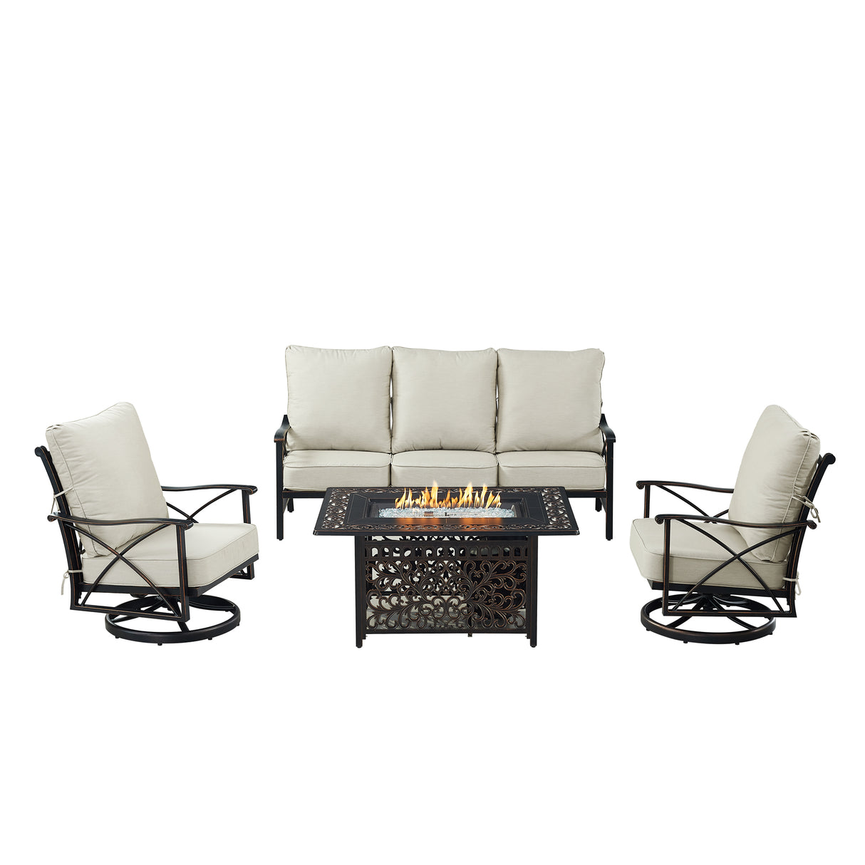 Black Aluminum Fire Table Set with Deep Seating Sofa with Cushion and Two Club Chairs - Sharicks