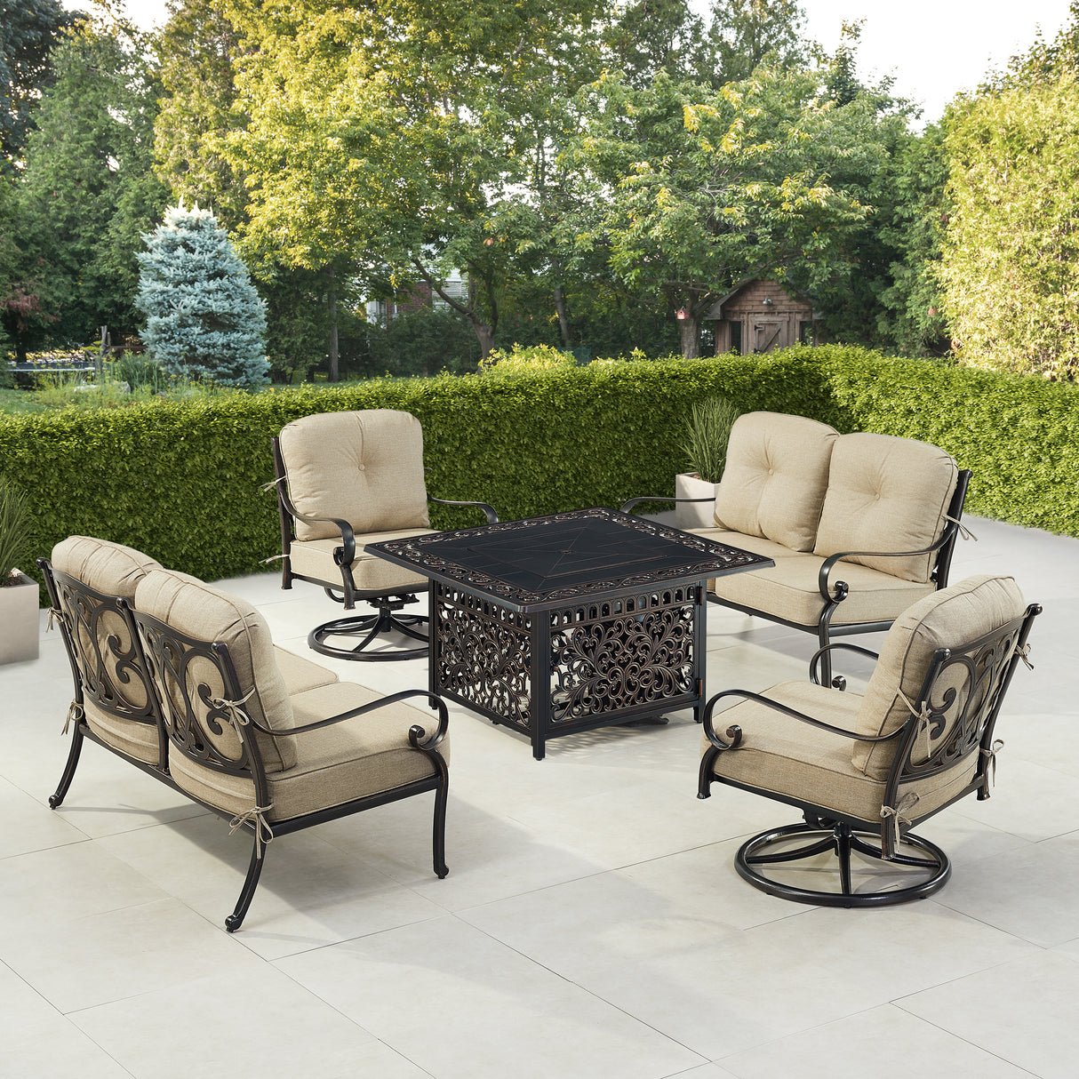 Black Aluminum Fire Table Set with Two Deep Seating Loveseat with Cushions and Two Club Chairs - Sharicks
