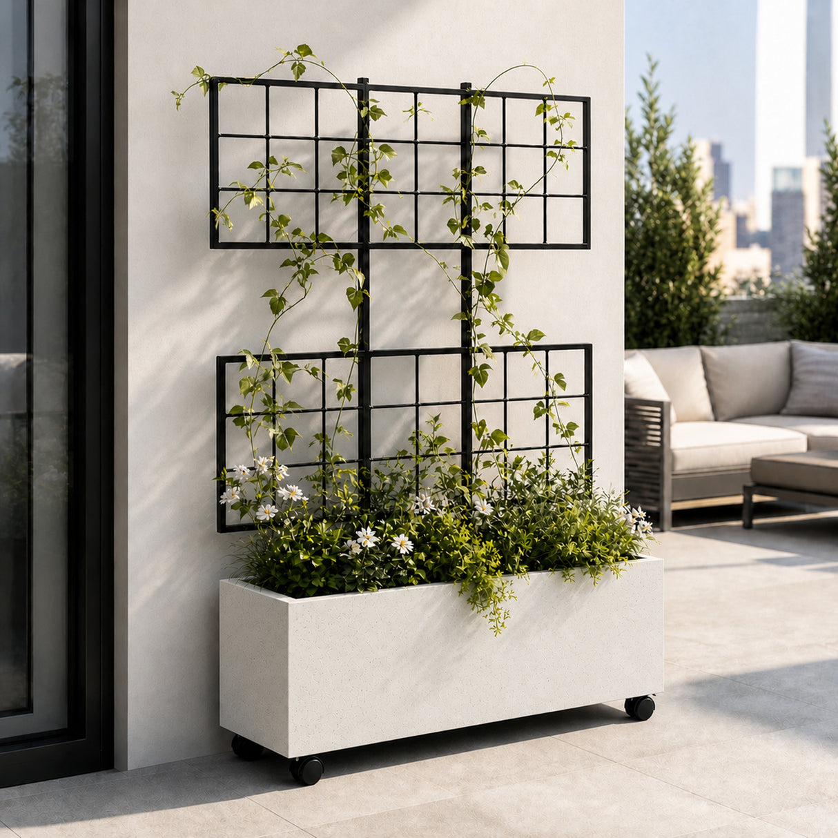 Wide Smooth Polystone Rectangular Planter with Steel Trellis and Wheels, White