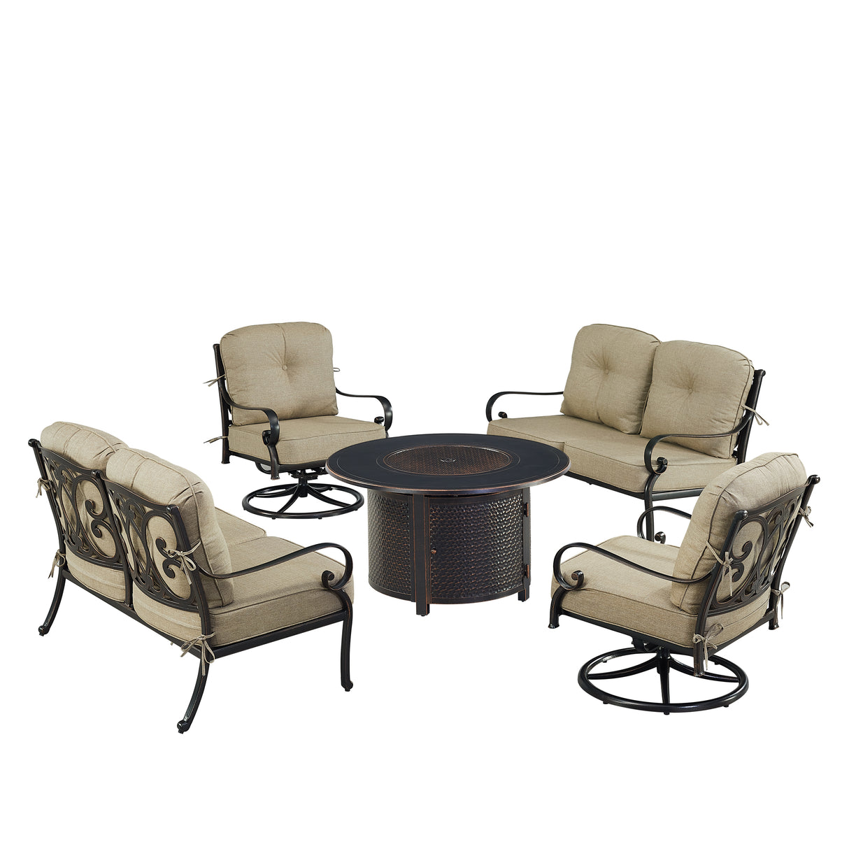 Black Aluminum Fire Table Set with Two Deep Seating Loveseat with Cushions and Two Club Chairs - Sharicks