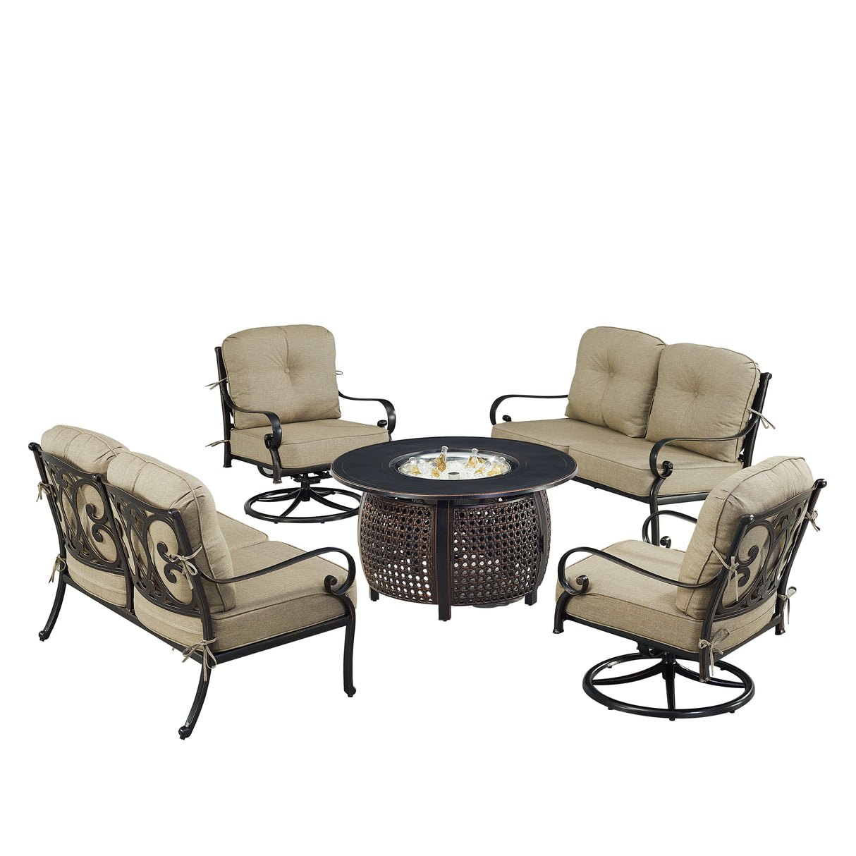 Black Aluminum Fire Table Set with Two Deep Seating Loveseat with Cushions and Two Club Chairs - Sharicks
