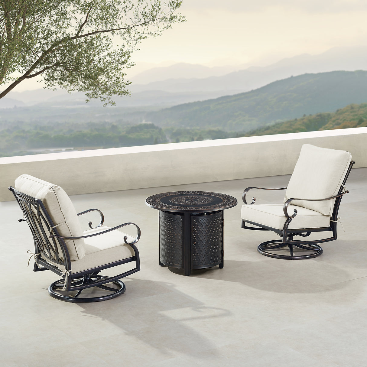 Black Aluminum Fire Table Bistro Set with Two Club Chairs - Sharicks