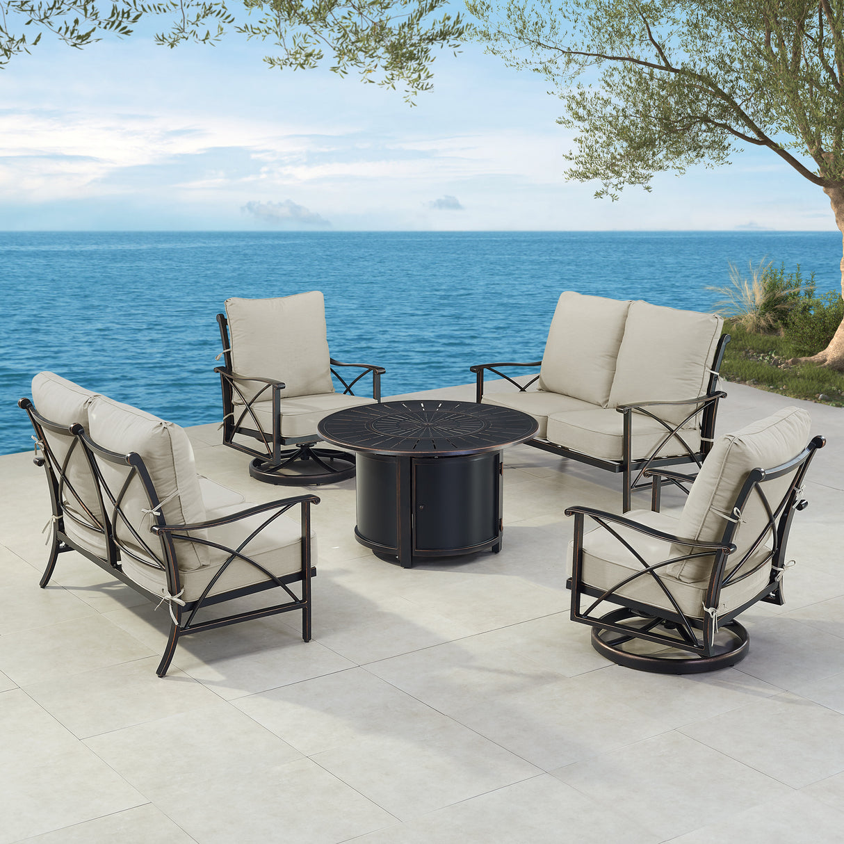 Black Aluminum Fire Table Set with Two Deep Seating Loveseat with Cushions and Two Club Chairs - Sharicks