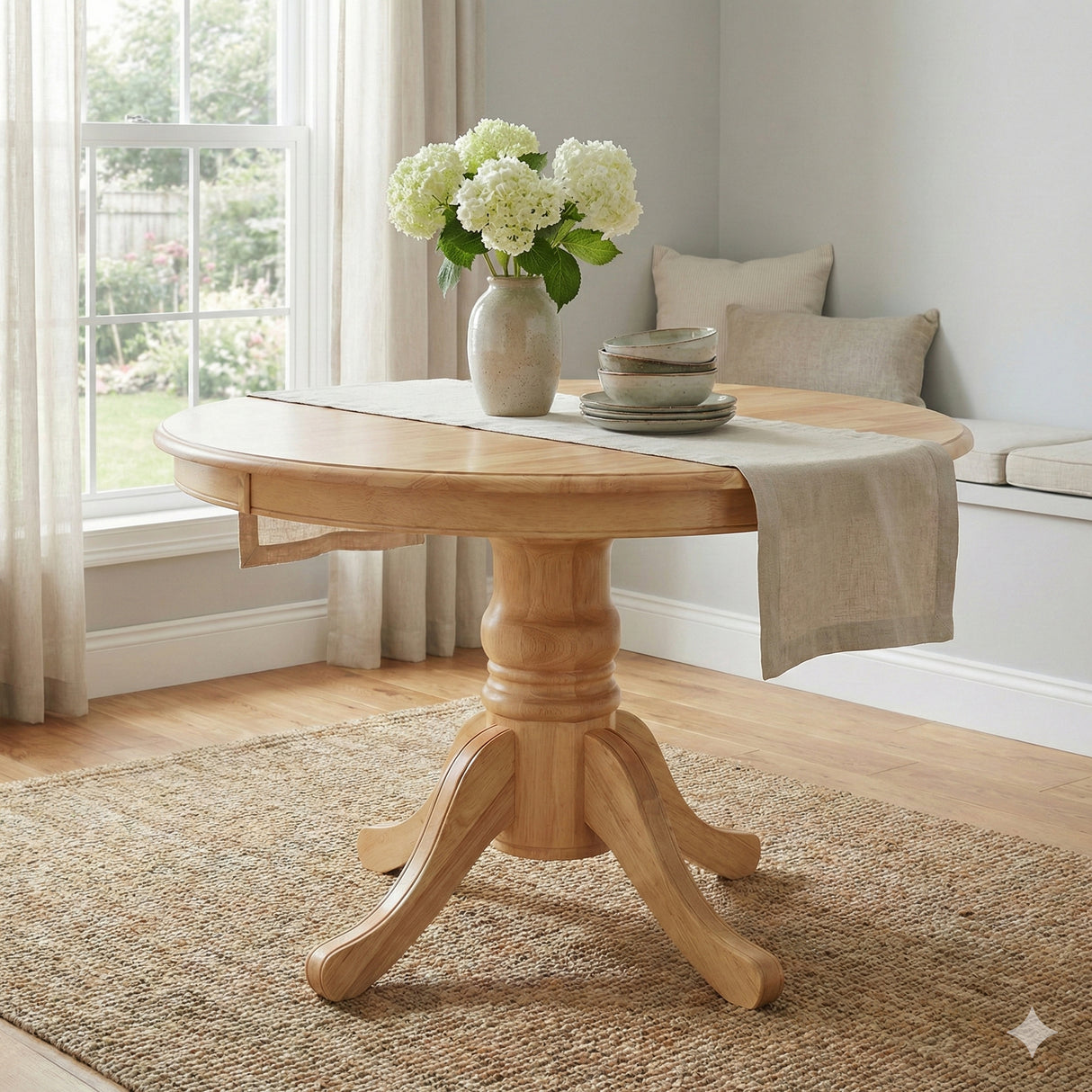 Modern 5-Piece 47 Inch Round Dining Set, Natural Finish with Light Beige Polyester Upholstered Chairs, Solid Rubberwood
