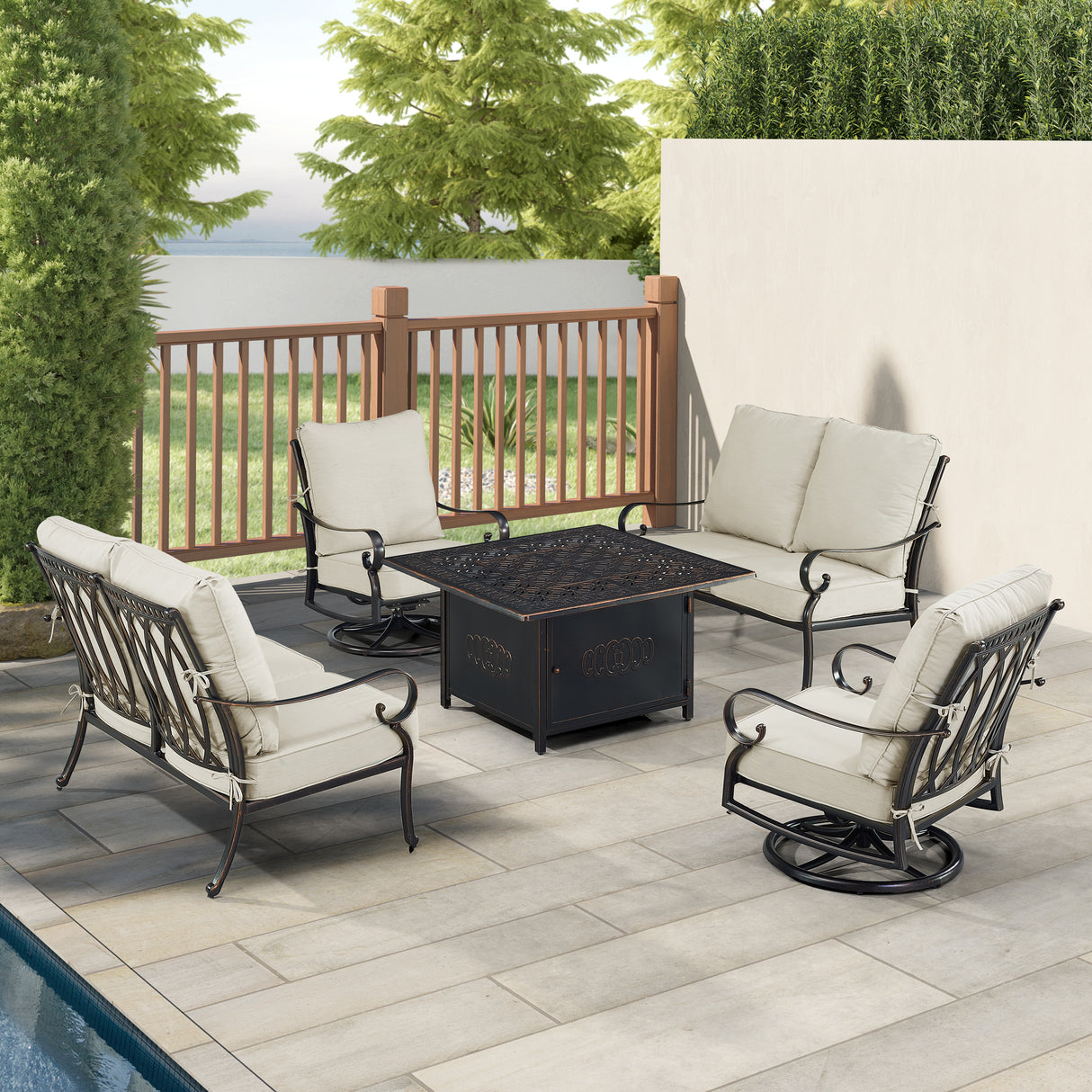 Black Aluminum Fire Table Set with Two Loveseats and Two Club Chairs - Sharicks