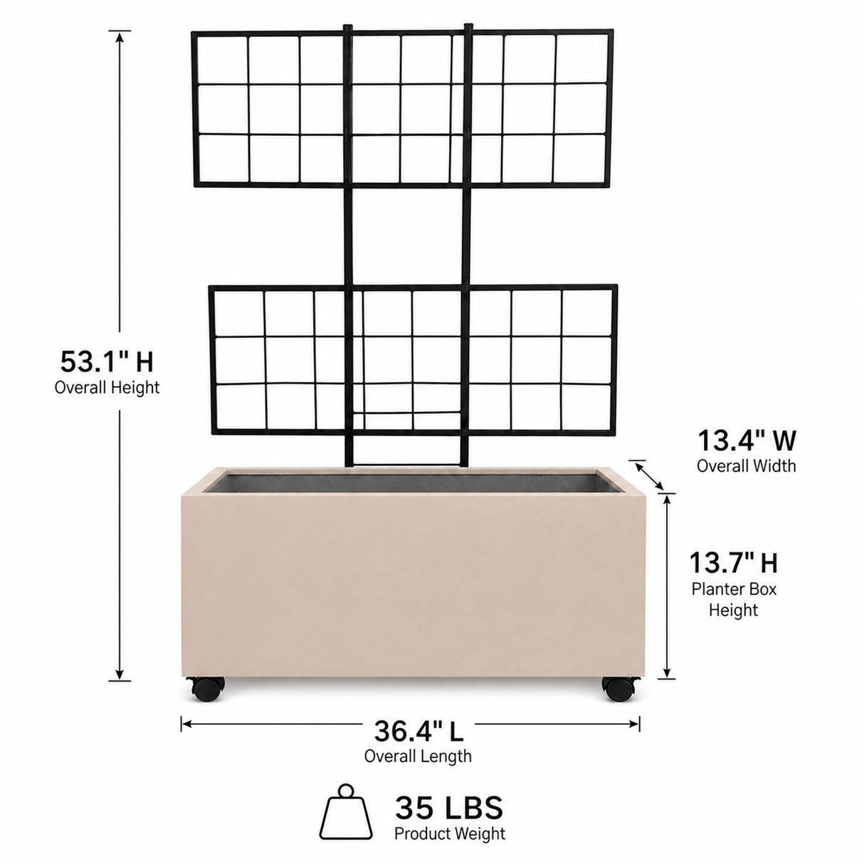Wide Smooth Polystone Rectangular Planter with Steel Trellis and Wheels, Sand