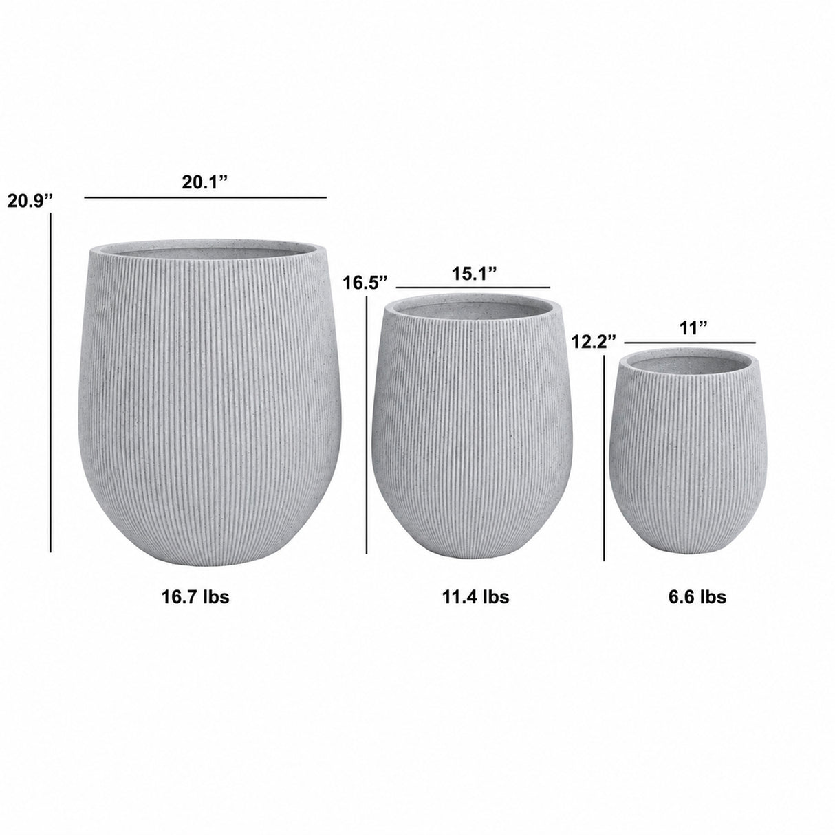 Set of 3 Fluted Round Polystone Indoor/Outdoor Planters, Gray