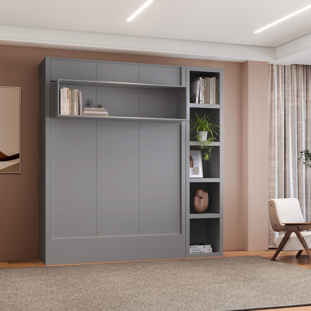 Easy-Lift Full Murphy Wall Bed in Grey with Bookshelf - Sharicks