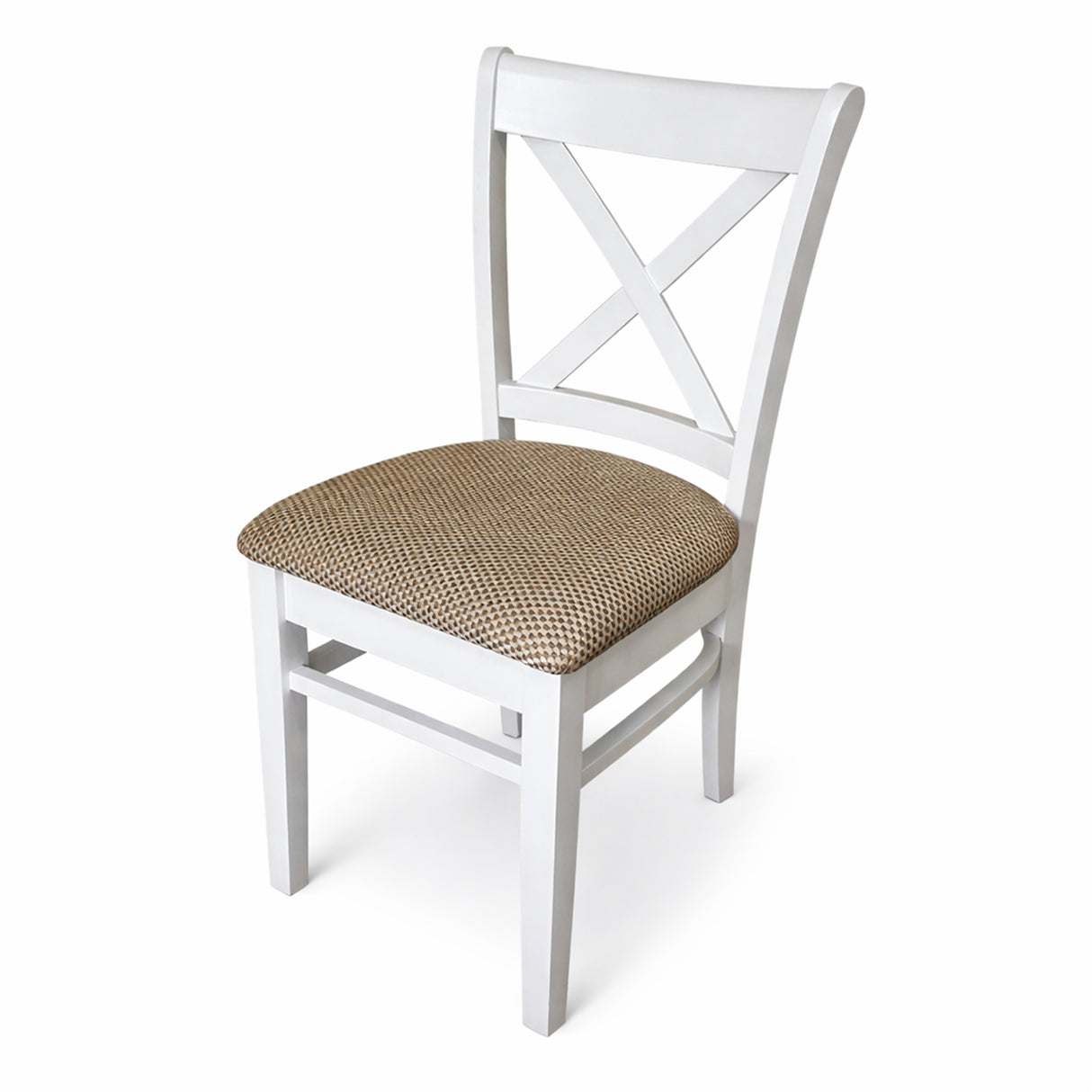 Farmhouse Dining Chairs, Set of 2, White Finish with Brown Polyester Upholstered Seats Solid Rubberwood
