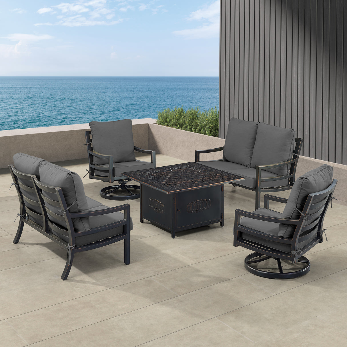 Black Aluminum Fire Table Set with Two Loveseats and Two Club Chairs - Sharicks