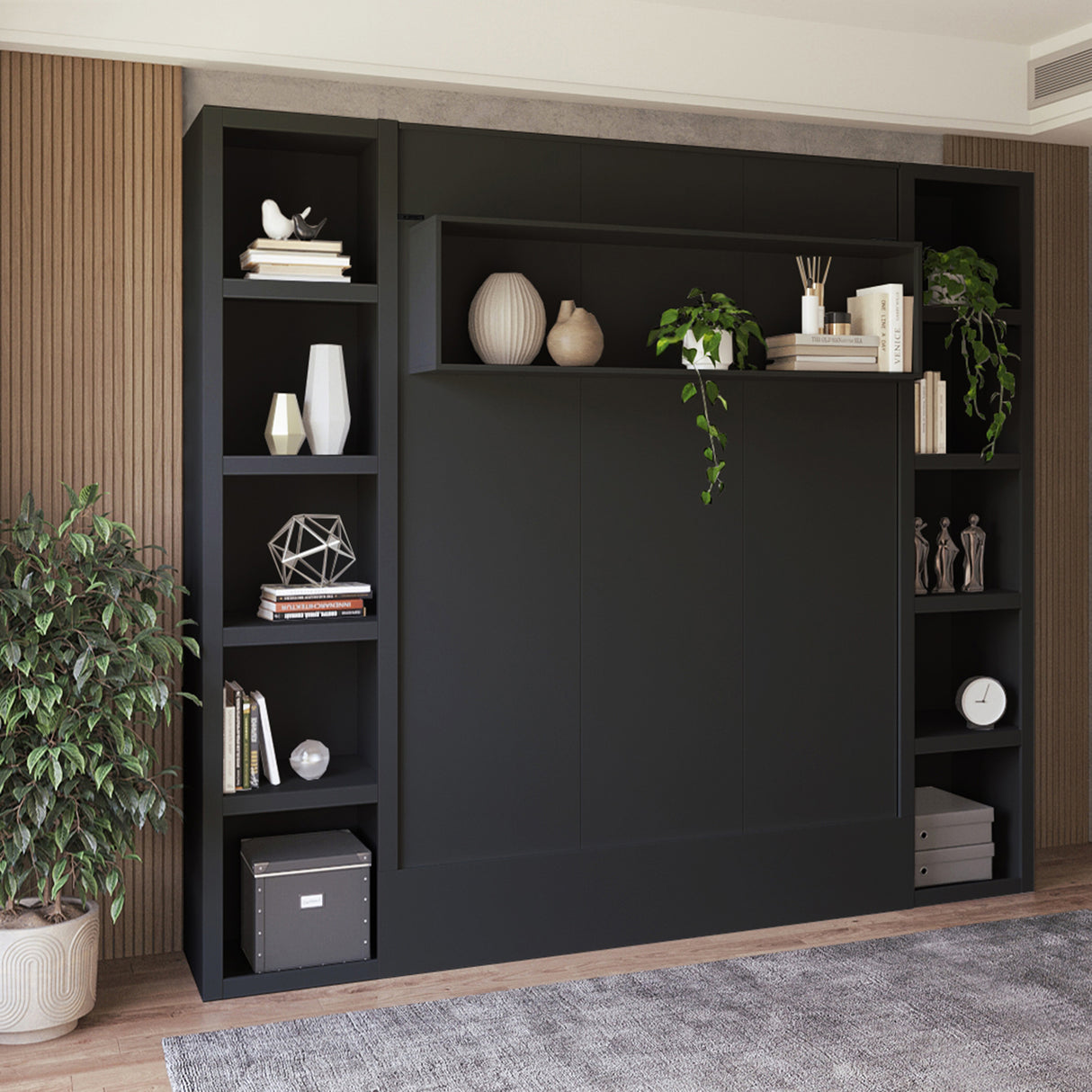 Easy-Lift Queen Murphy Wall Bed in Black with Two Bookshelves - Sharicks