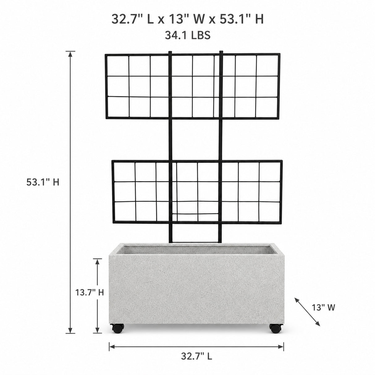 Smooth Rectangular Polystone Planter with Steel Trellis and Wheels, Gray