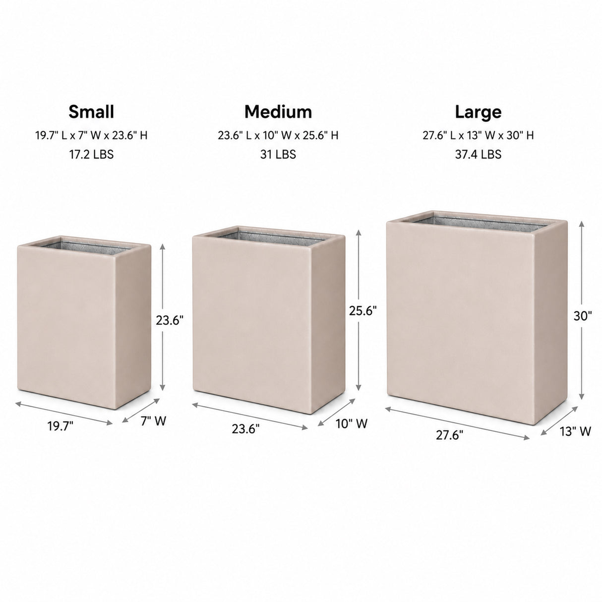 Set of 3 Rectangular Polystone Indoor/Outdoor Planters, Sand