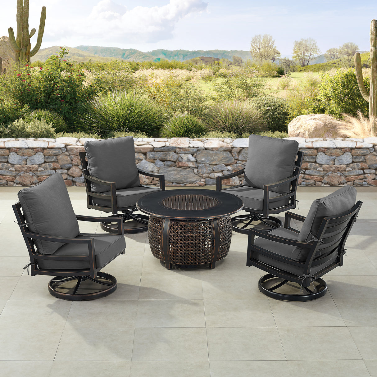 Black Aluminum Fire Table Set with Four Club Chairs - Sharicks