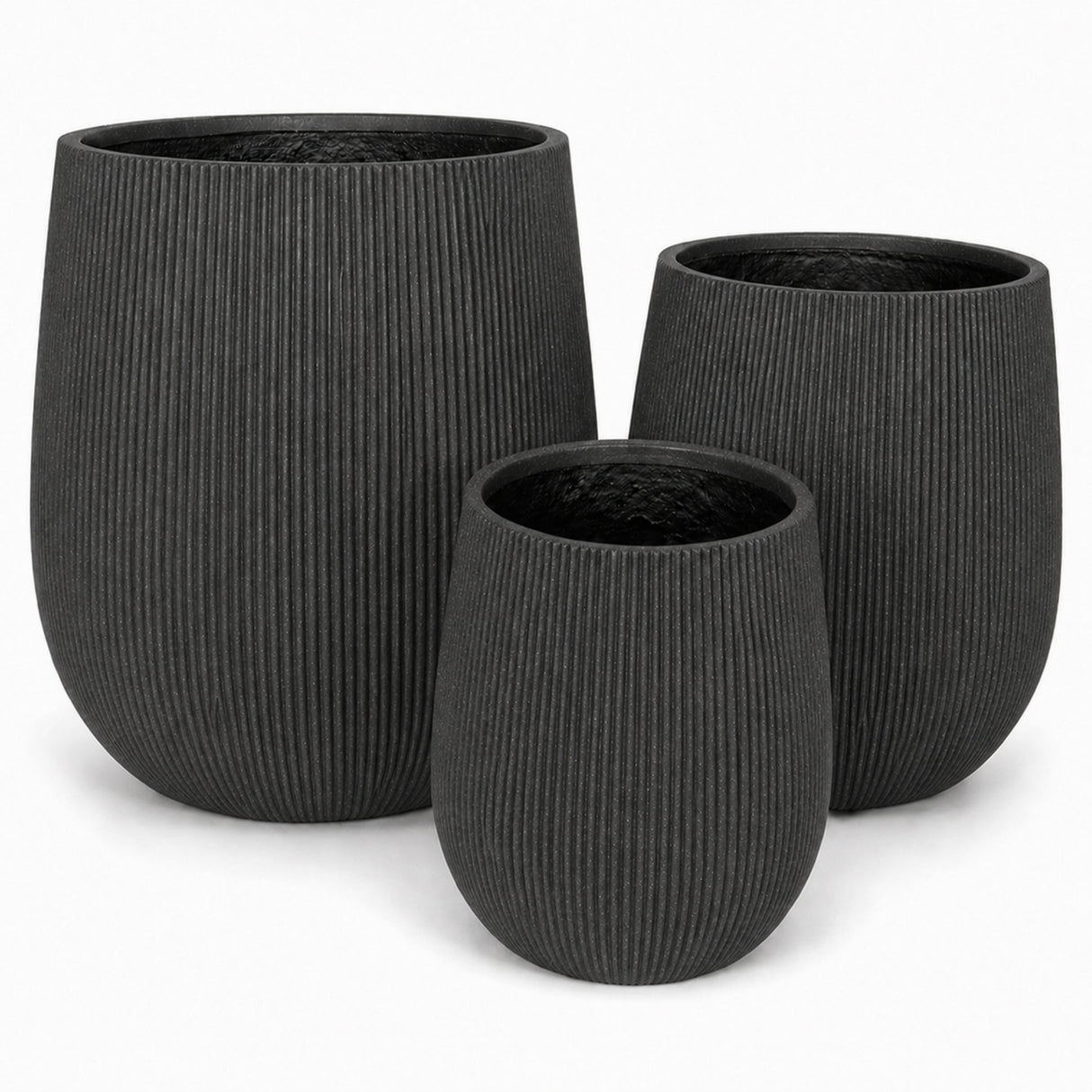 Set of 3 Fluted Round Polystone Indoor/Outdoor Planters, Black