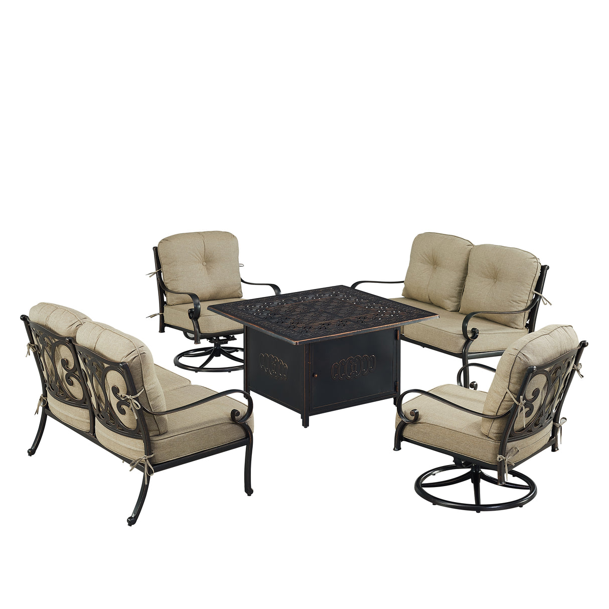 Black Aluminum Fire Table Set with Two Deep Seating Loveseat with Cushions and Two Club Chairs - Sharicks