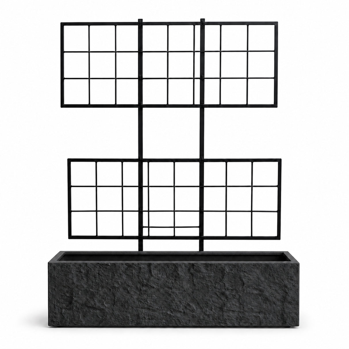 Rock Texture Rectangular Polystone Planter with Steel Trellis, Black