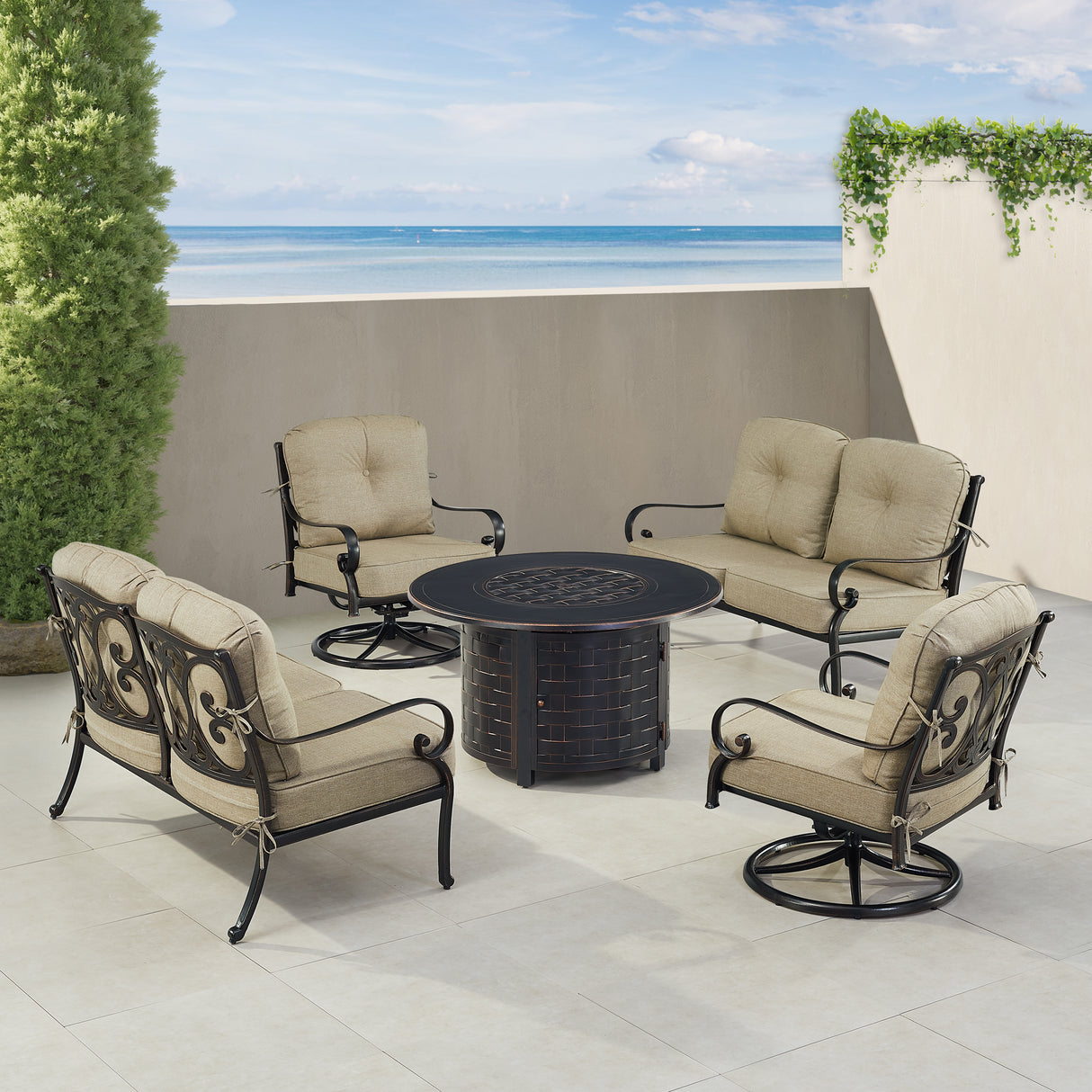 Black Aluminum Fire Table Set with Two Deep Seating Loveseat with Cushions and Two Club Chairs - Sharicks