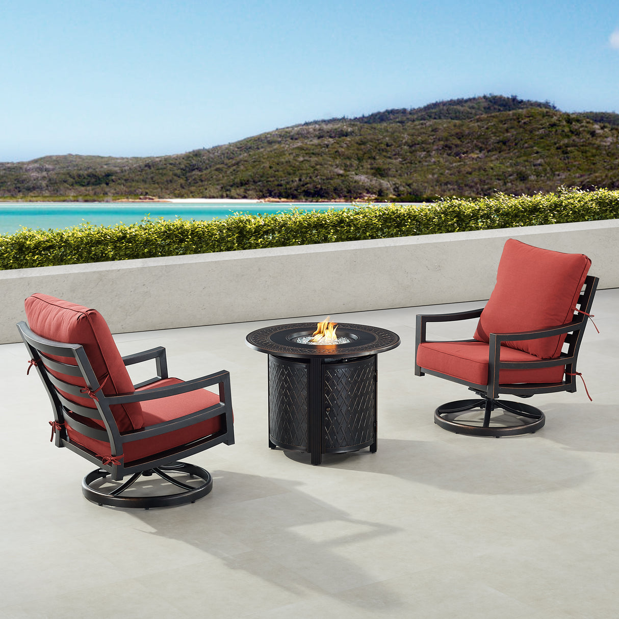 Black Aluminum Fire Table Bistro Set with Two Club Chairs - Sharicks