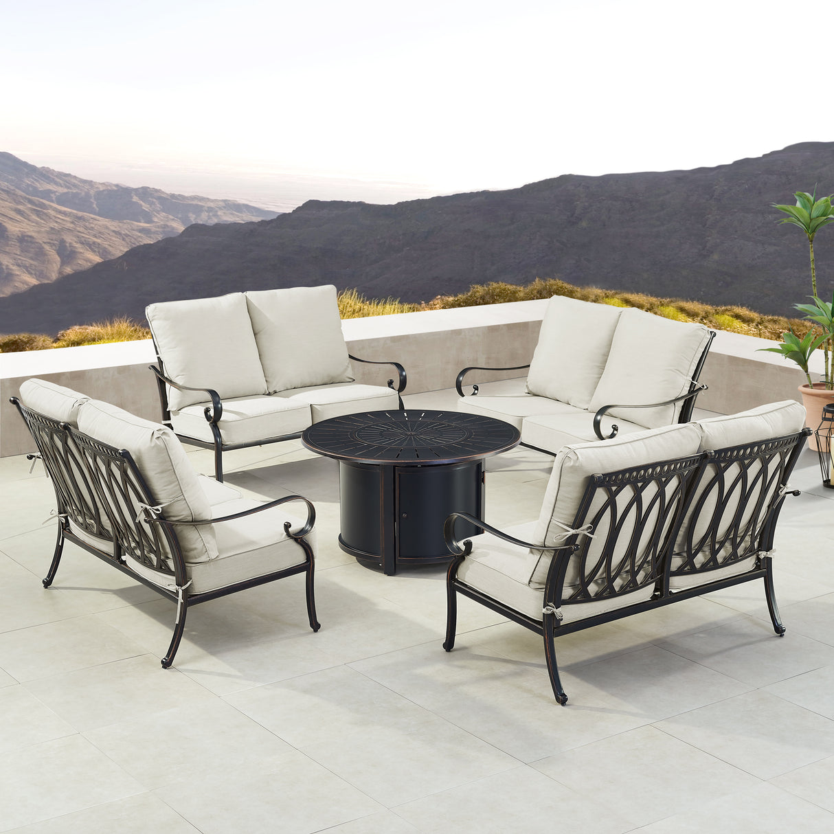 Black Aluminum Fire Table Set with Four Deep Seating Loveseats - Sharicks
