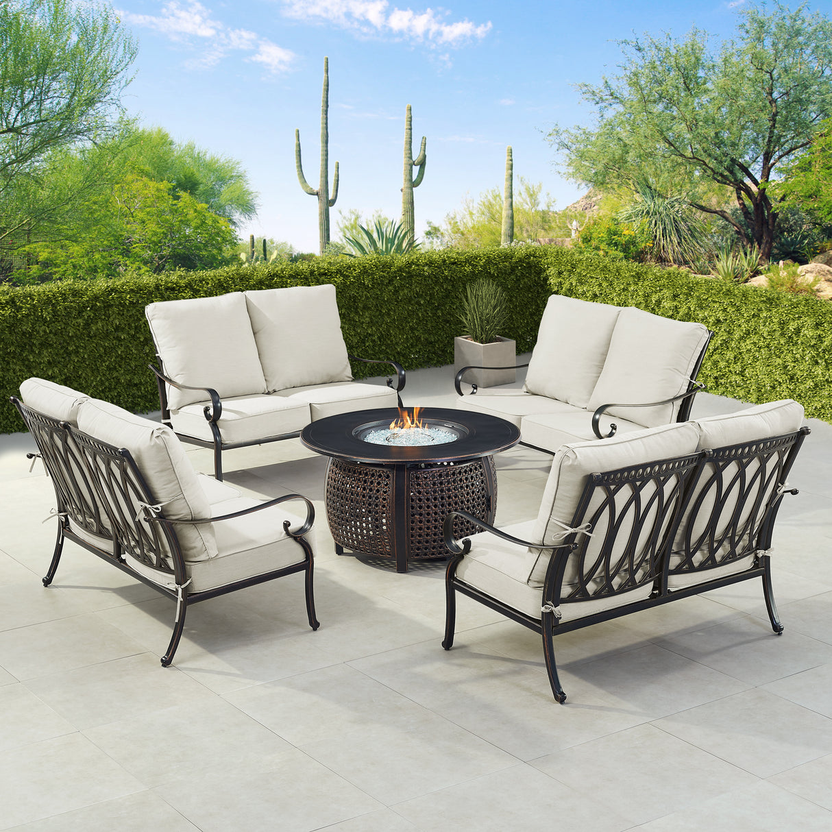 Black Aluminum Fire Table Set with Four Deep Seating Loveseats - Sharicks