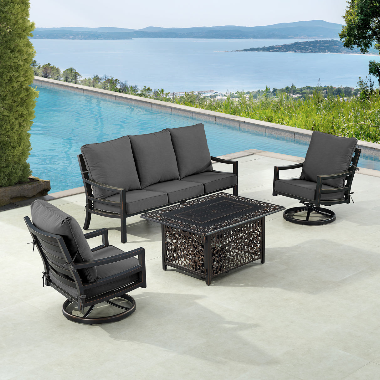 Black Aluminum Fire Table Set with Sofa and Two Club Chairs - Sharicks