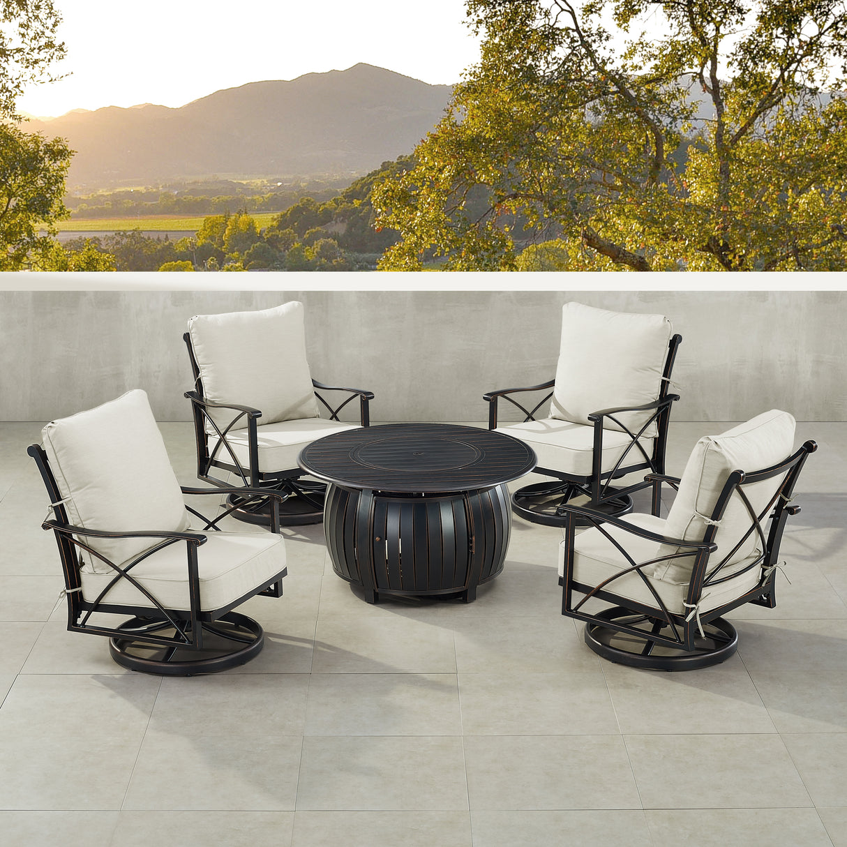 Black Aluminum Fire Table Set with Four Club Chairs - Sharicks