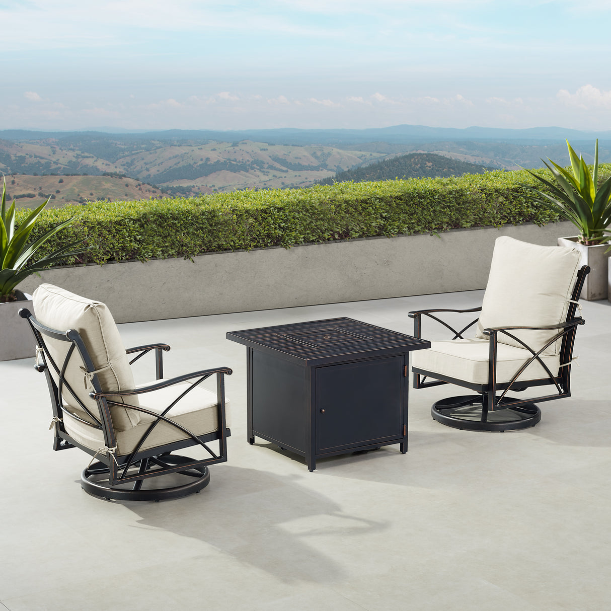 Black Aluminum Fire Table Bistro Set with Two Club Chairs - Sharicks