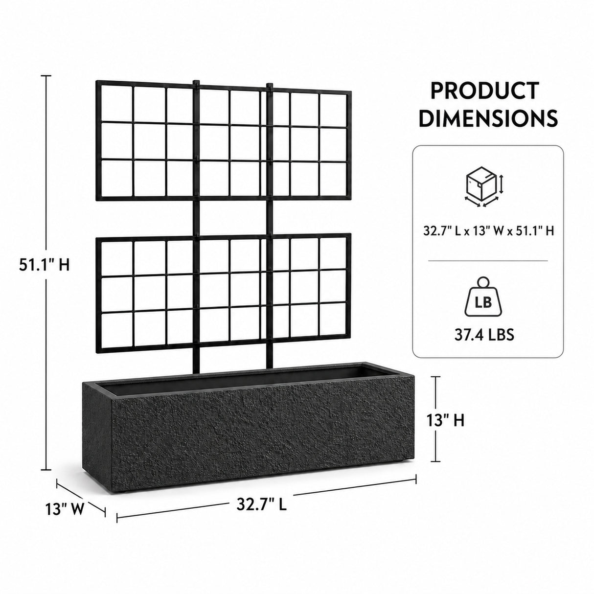 Rock Texture Rectangular Polystone Planter with Steel Trellis, Black